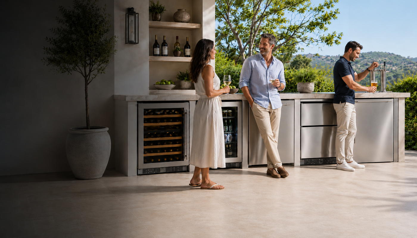 People standing around a modern outdoor kitchen with wine refrigerators.