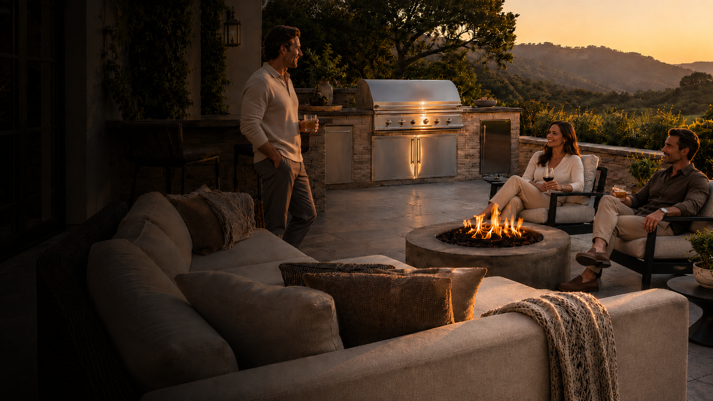 People enjoying a evening by a fire pit on a patio with a grill and outdoor furniture.